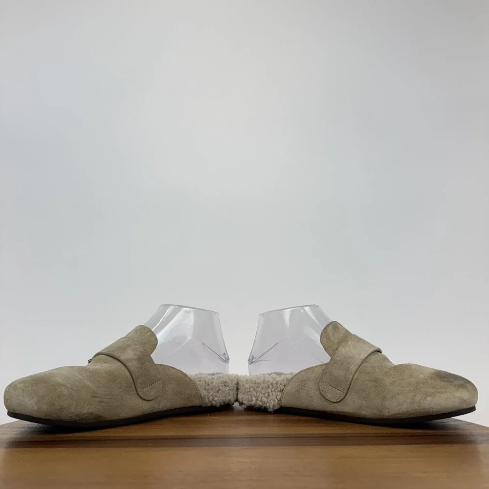 Womens Tory Burch Mellow Mule Beige Suede Faux Shearling lined Slippers Size 6 M
